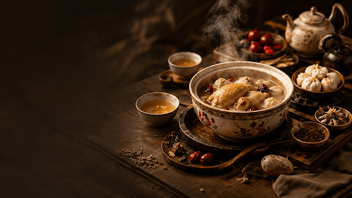 Steaming herbal chicken soup and Hakka side dishes